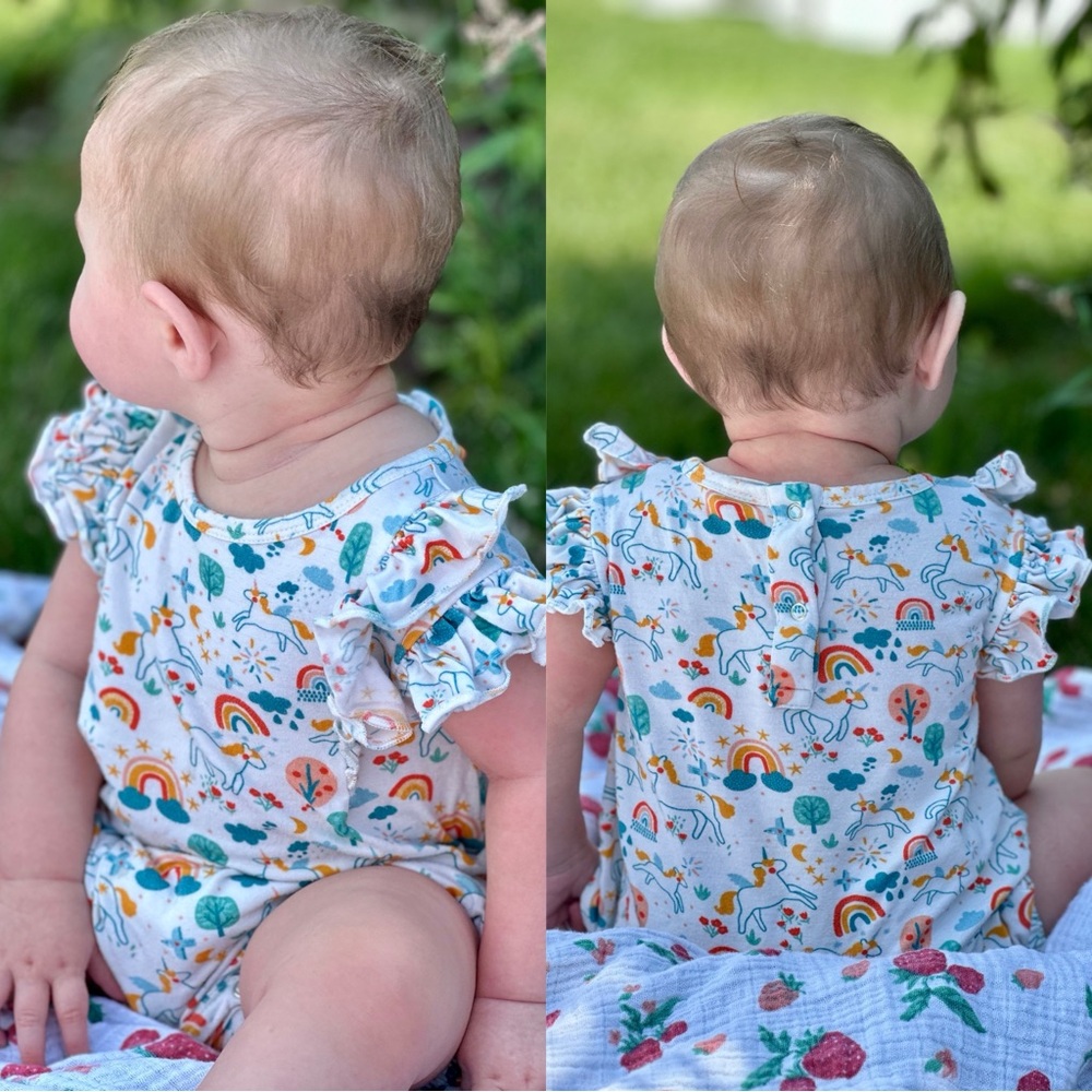 Larkspur | Bamboo Unicorn Rainbow Ruffle Shorty Romper | Size 12-18 Months